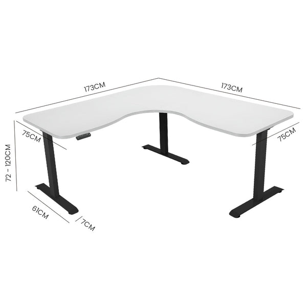 FORTIA 173W x 173W x 75D 3-Motor 120kg Load Adjustable Electric Sit to Stand Up Corner Desk - White/Black Frame Fortia