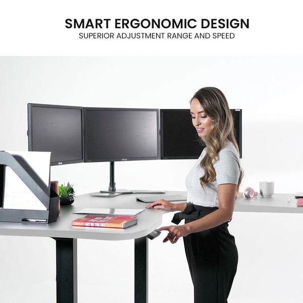 FORTIA 173W x 173W x 75D 3-Motor 120kg Load Adjustable Electric Sit to Stand Up Corner Desk - White/Black Frame Fortia