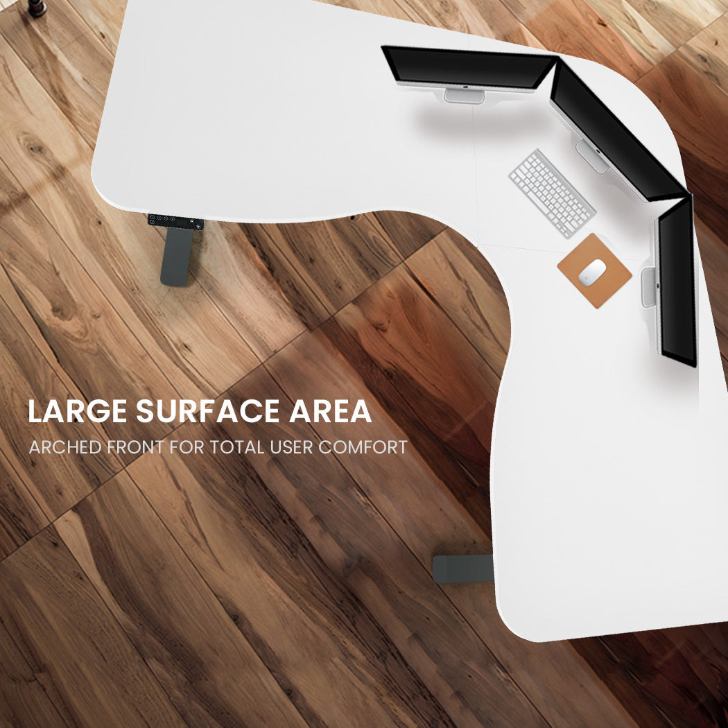 FORTIA 173W x 173W x 75D 3-Motor 120kg Load Adjustable Electric Sit to Stand Up Corner Desk - White/Black Frame Fortia