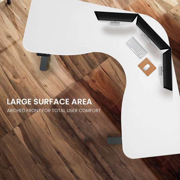 FORTIA 173W x 173W x 75D 3-Motor 120kg Load Adjustable Electric Sit to Stand Up Corner Desk - White/Black Frame Fortia