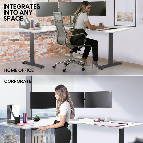 FORTIA 173W x 173W x 75D 3-Motor 120kg Load Adjustable Electric Sit to Stand Up Corner Desk - White/Black Frame Fortia