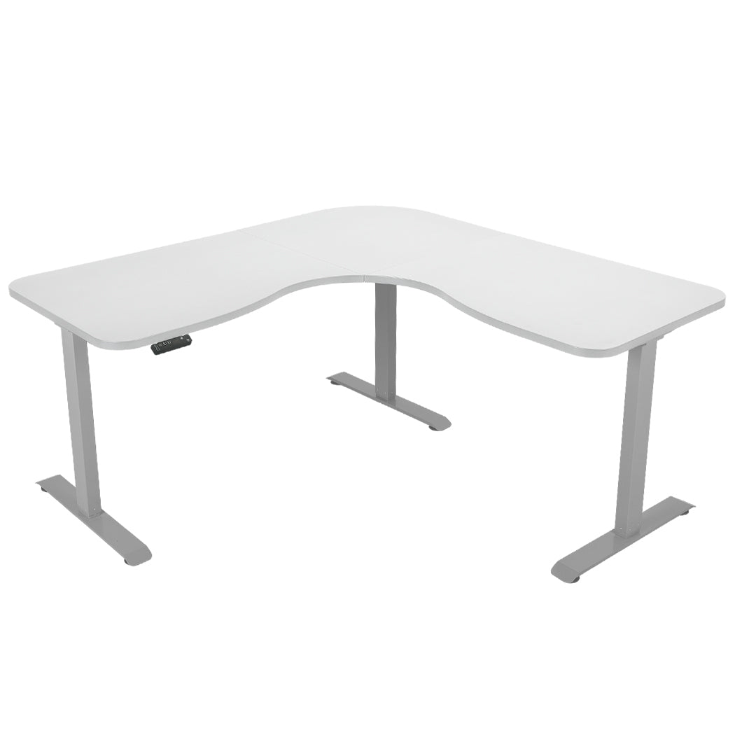 FORTIA 173W x 173W x 75D 3-Motor 120kg Load Adjustable Electric Sit to Stand Up Corner Desk - White/Silver Frame Fortia