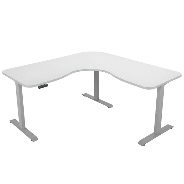 FORTIA 173W x 173W x 75D 3-Motor 120kg Load Adjustable Electric Sit to Stand Up Corner Desk - White/Silver Frame Fortia