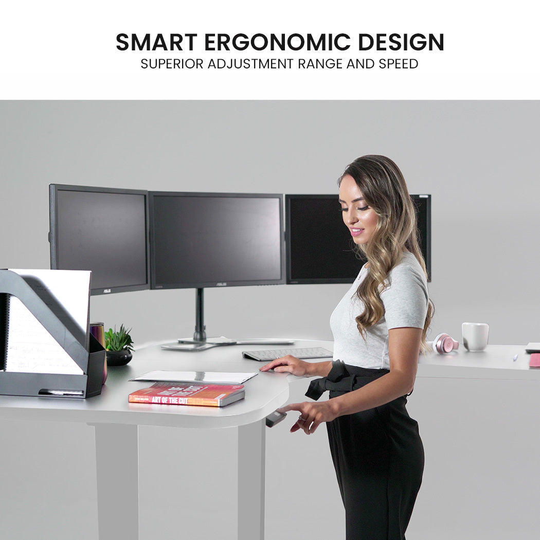 FORTIA 173W x 173W x 75D 3-Motor 120kg Load Adjustable Electric Sit to Stand Up Corner Desk - White/Silver Frame Fortia