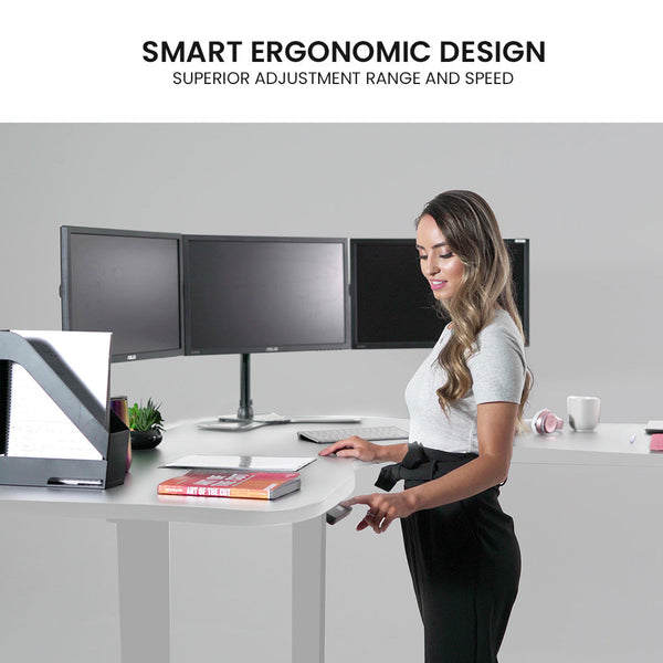 FORTIA 173W x 173W x 75D 3-Motor 120kg Load Adjustable Electric Sit to Stand Up Corner Desk - White/Silver Frame Fortia