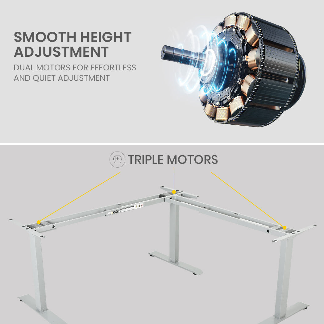 FORTIA 173W x 173W x 75D 3-Motor 120kg Load Adjustable Electric Sit to Stand Up Corner Desk - White/Silver Frame Fortia