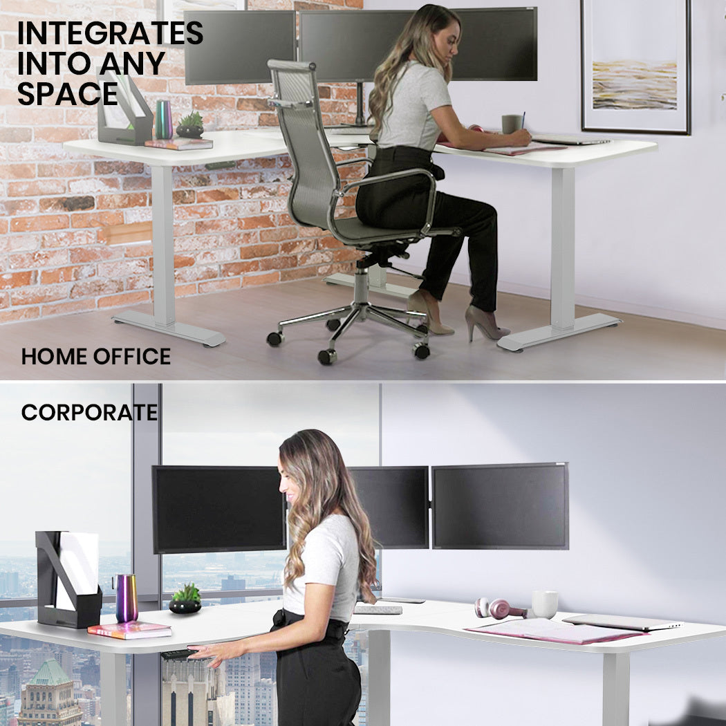 FORTIA 173W x 173W x 75D 3-Motor 120kg Load Adjustable Electric Sit to Stand Up Corner Desk - White/Silver Frame Fortia