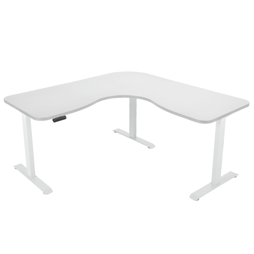 FORTIA 173W x 173W x 75D 3-Motor 120kg Load Adjustable Electric Sit to Stand Up Corner Desk - White/White Frame Fortia