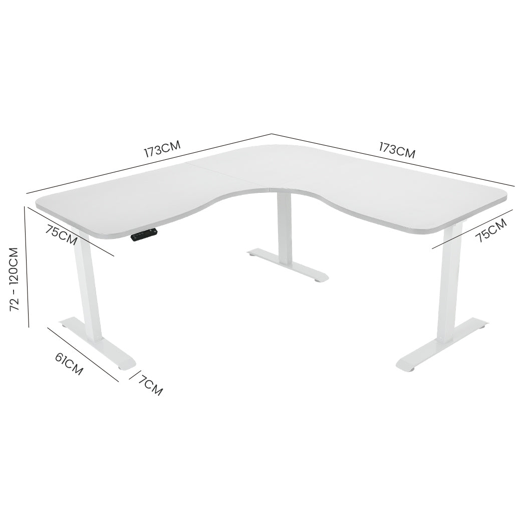 FORTIA 173W x 173W x 75D 3-Motor 120kg Load Adjustable Electric Sit to Stand Up Corner Desk - White/White Frame Fortia