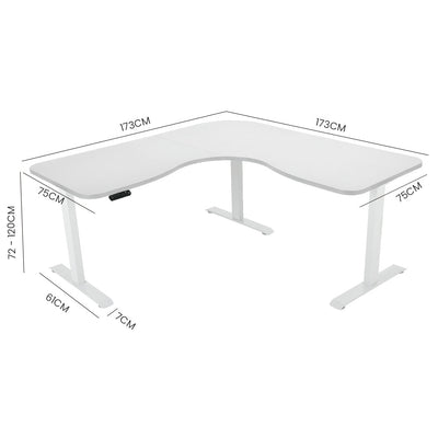 FORTIA 173W x 173W x 75D 3-Motor 120kg Load Adjustable Electric Sit to Stand Up Corner Desk - White/White Frame