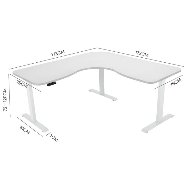 FORTIA 173W x 173W x 75D 3-Motor 120kg Load Adjustable Electric Sit to Stand Up Corner Desk - White/White Frame Fortia