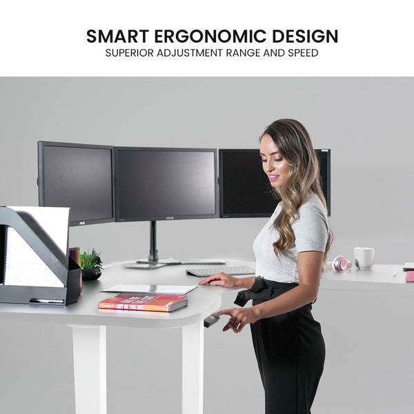 FORTIA 173W x 173W x 75D 3-Motor 120kg Load Adjustable Electric Sit to Stand Up Corner Desk - White/White Frame Fortia