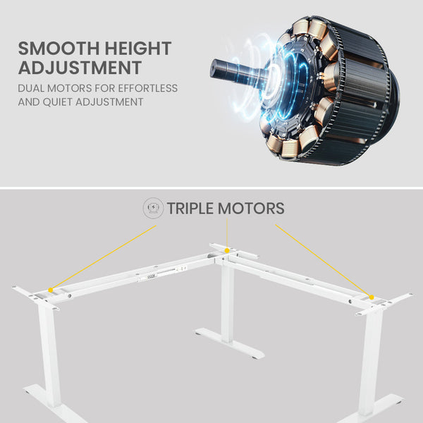 FORTIA 173W x 173W x 75D 3-Motor 120kg Load Adjustable Electric Sit to Stand Up Corner Desk - White/White Frame Fortia