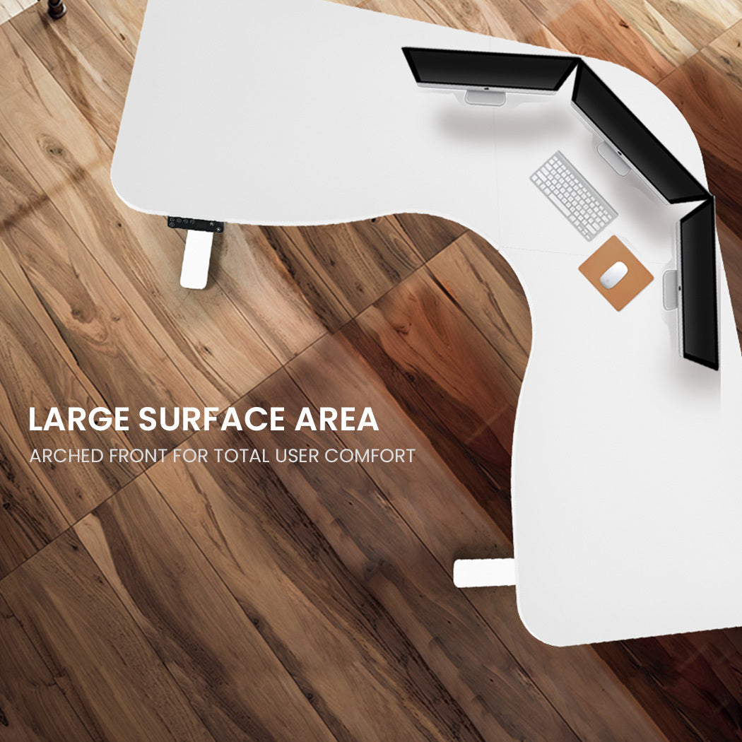 FORTIA 173W x 173W x 75D 3-Motor 120kg Load Adjustable Electric Sit to Stand Up Corner Desk - White/White Frame Fortia