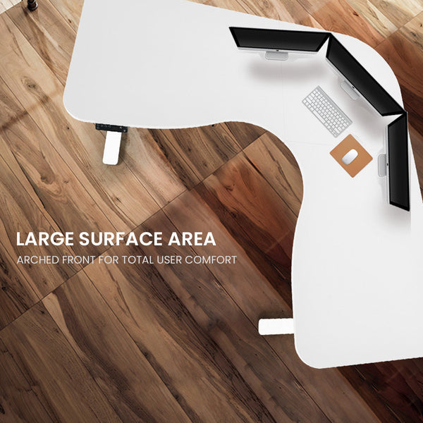 FORTIA 173W x 173W x 75D 3-Motor 120kg Load Adjustable Electric Sit to Stand Up Corner Desk - White/White Frame Fortia