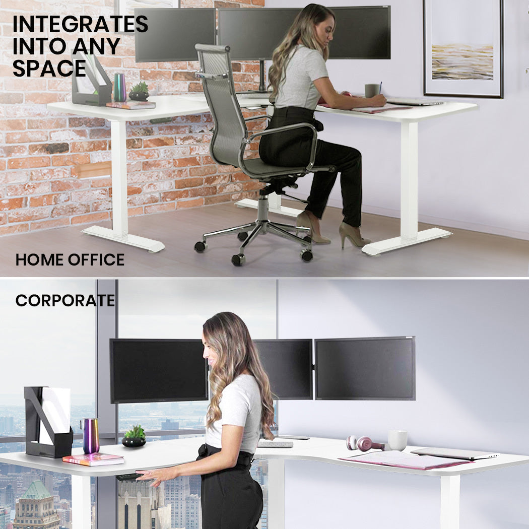 FORTIA 173W x 173W x 75D 3-Motor 120kg Load Adjustable Electric Sit to Stand Up Corner Desk - White/White Frame Fortia