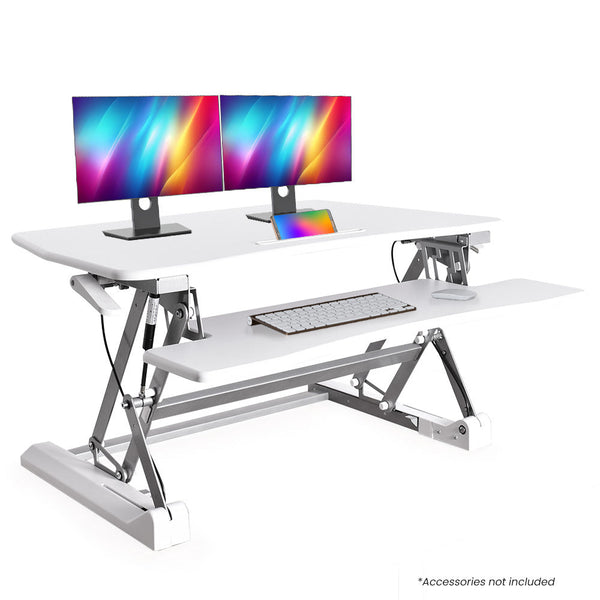 FORTIA Desk Riser 90cm Wide Adjustable Sit to Stand, for Dual Monitor, Keyboard, Laptop, White Fortia