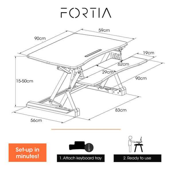 FORTIA Desk Riser 90cm Wide Adjustable Sit to Stand, for Dual Monitor, Keyboard, Laptop, White Fortia