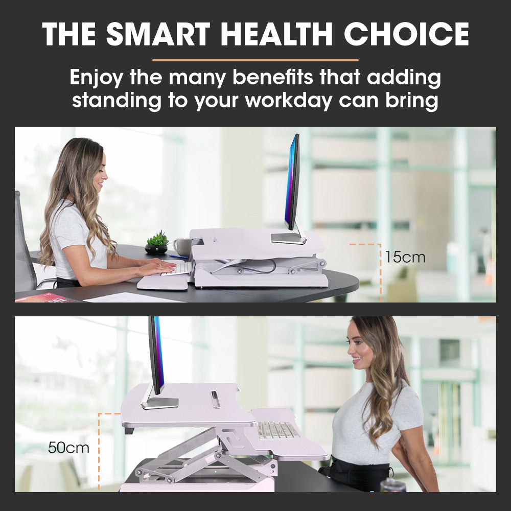 FORTIA Desk Riser 90cm Wide Adjustable Sit to Stand, for Dual Monitor, Keyboard, Laptop, White Fortia