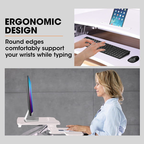 FORTIA Desk Riser 90cm Wide Adjustable Sit to Stand, for Dual Monitor, Keyboard, Laptop, White Fortia