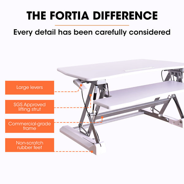 FORTIA Desk Riser 90cm Wide Adjustable Sit to Stand, for Dual Monitor, Keyboard, Laptop, White Fortia