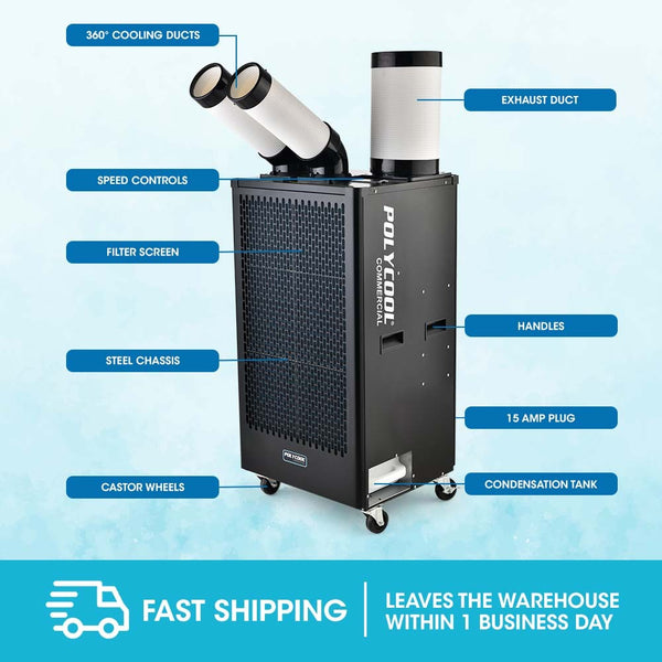 POLYCOOL 4.5kW Portable Industrial Spot Cooler, with Twin Cooling Ducts, 15A Plug Polycool