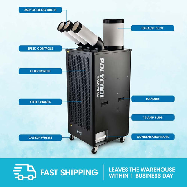 POLYCOOL 6.5kW Portable Industrial Spot Cooler, with Triple Cooling Ducts, 15A Plug Polycool