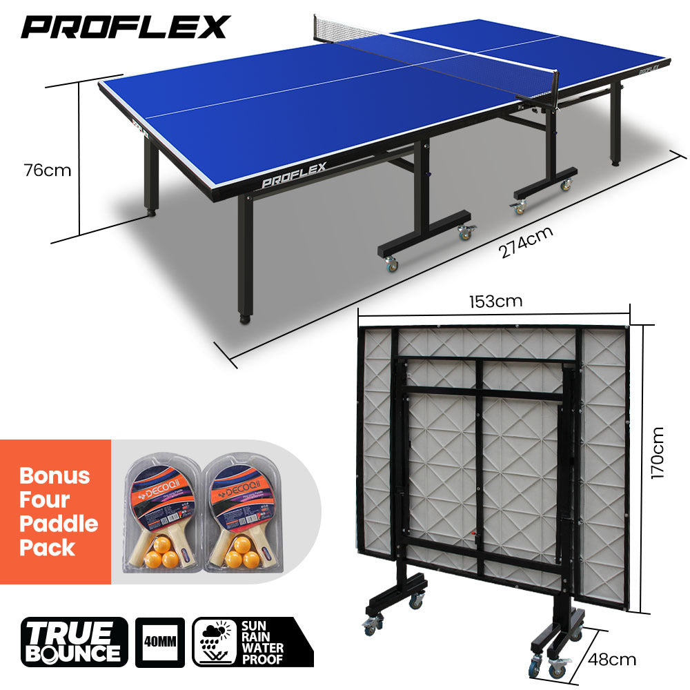 Proflex Premium Outdoor Table Tennis Table, with 4 Player Ping Pong Paddle and Pingpong Ball Pack Awezingly