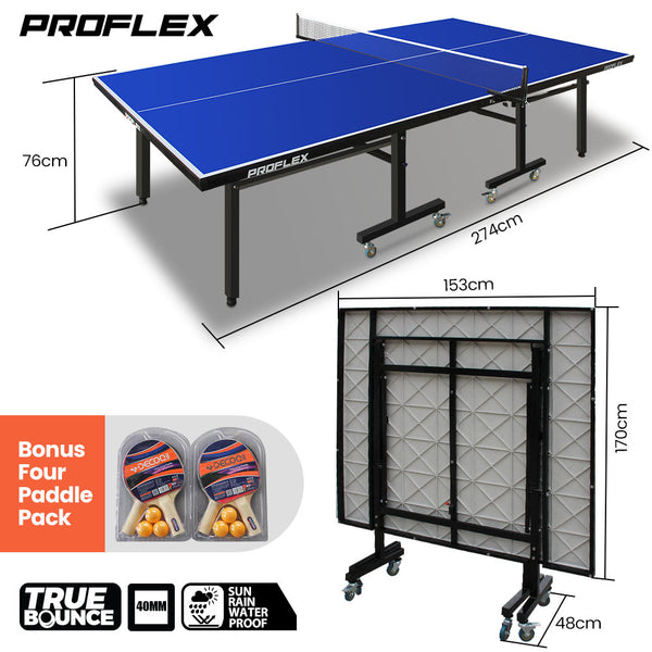 Proflex Premium Outdoor Table Tennis Table, with 4 Player Ping Pong Paddle and Pingpong Ball Pack Awezingly