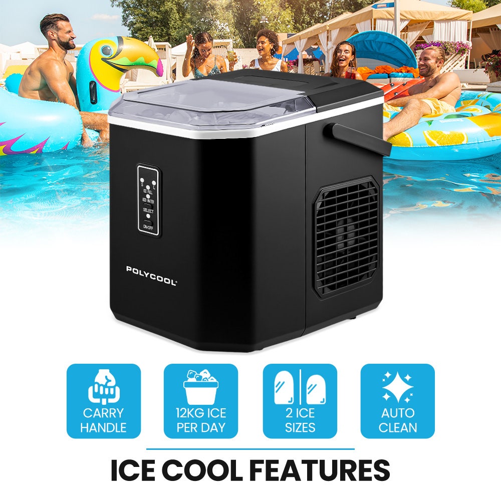 POLYCOOL Portable Ice Maker Machine, Automatic, 12kg/day,  Auto Clean, with Scoop and Removable Basket, Black Polycool