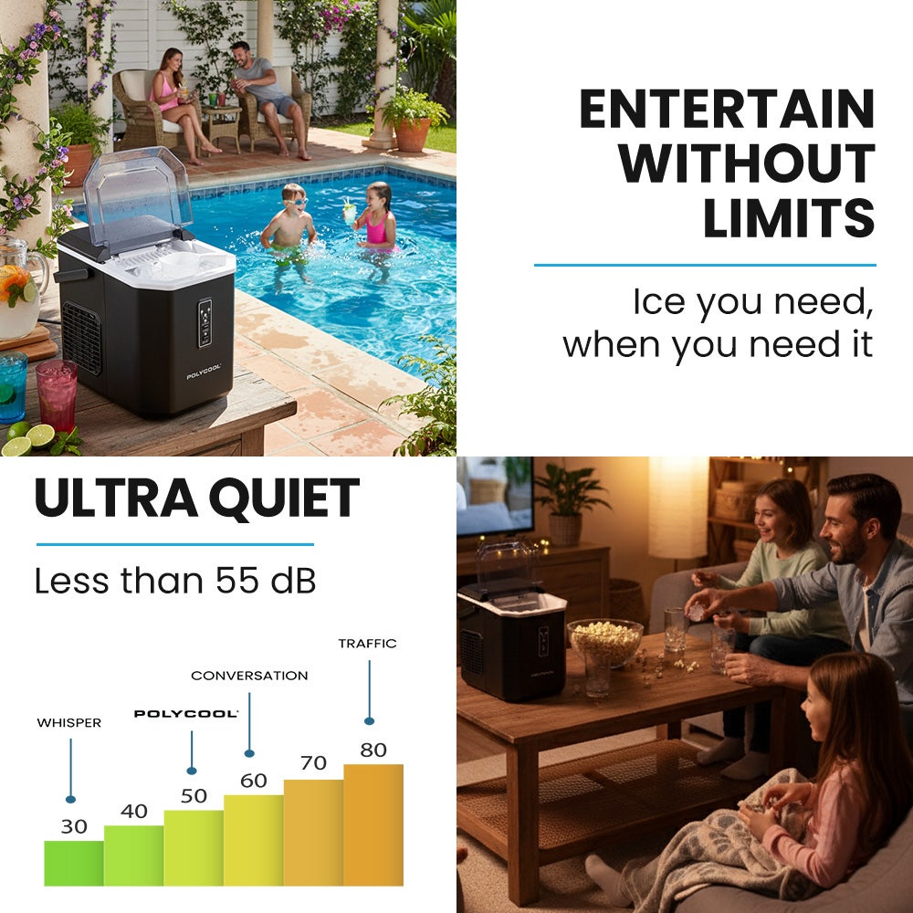 POLYCOOL Portable Ice Maker Machine, Automatic, 12kg/day,  Auto Clean, with Scoop and Removable Basket, Black Polycool