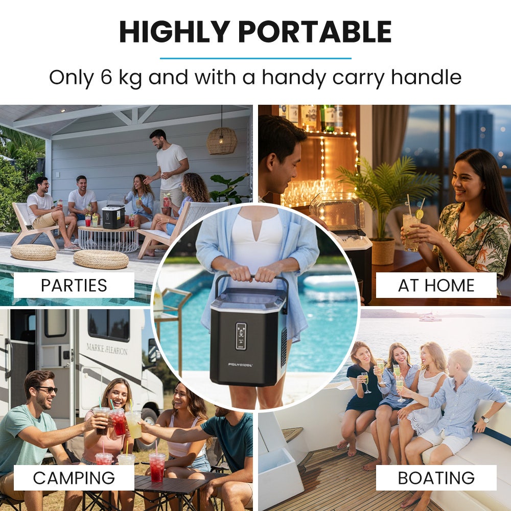 POLYCOOL Portable Ice Maker Machine, Automatic, 12kg/day,  Auto Clean, with Scoop and Removable Basket, Black Polycool