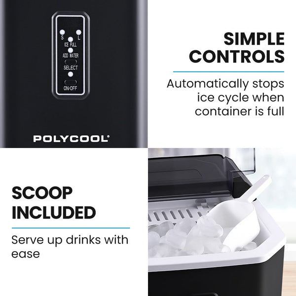 POLYCOOL Portable Ice Maker Machine, Automatic, 12kg/day,  Auto Clean, with Scoop and Removable Basket, Black Polycool