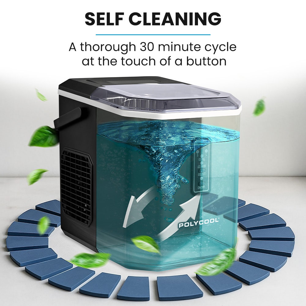 POLYCOOL Portable Ice Maker Machine, Automatic, 12kg/day,  Auto Clean, with Scoop and Removable Basket, Black Polycool