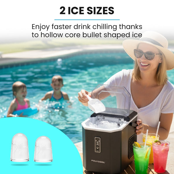POLYCOOL Portable Ice Maker Machine, Automatic, 12kg/day,  Auto Clean, with Scoop and Removable Basket, Black Polycool