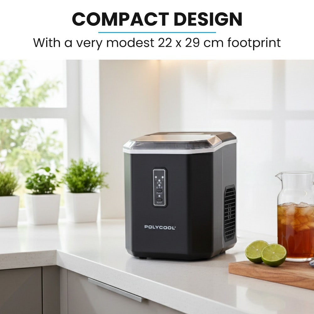 POLYCOOL Portable Ice Maker Machine, Automatic, 12kg/day,  Auto Clean, with Scoop and Removable Basket, Black Polycool
