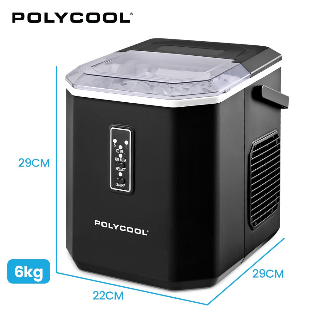 POLYCOOL Portable Ice Maker Machine, Automatic, 12kg/day,  Auto Clean, with Scoop and Removable Basket, Black Polycool