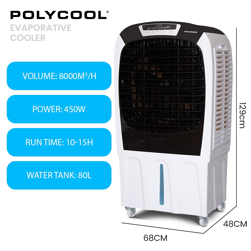 POLYCOOL 450W 80L Evaporative Air Cooler, Commercial Grade, Remote Control, Fan Polycool