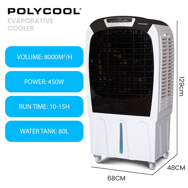 POLYCOOL 450W 80L Evaporative Air Cooler, Commercial Grade, Remote Control, Fan Polycool