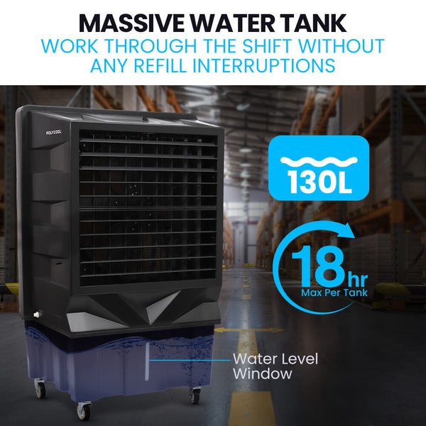 POLYCOOL 130L 750W Evaporative Air Cooler, Commercial Industrial Grade, Remote Control, Purifier, Fan Polycool