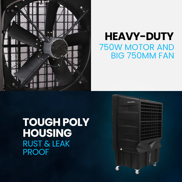 POLYCOOL 130L 750W Evaporative Air Cooler, Commercial Industrial Grade, Remote Control, Purifier, Fan Polycool
