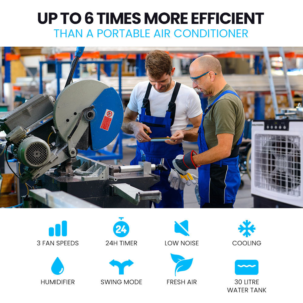 POLYCOOL 30L Evaporative Air Cooler Portable Industrial Fan, Purifier, Humidifier, Remote Control Polycool