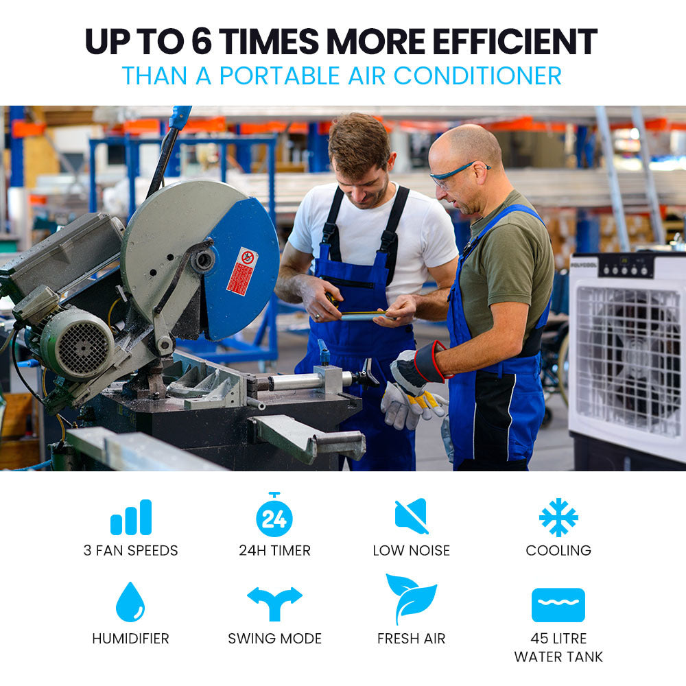 POLYCOOL 45L 125W Evaporative Air Cooler Portable Industrial Fan, Purifier, Humidifier, Remote Control Polycool