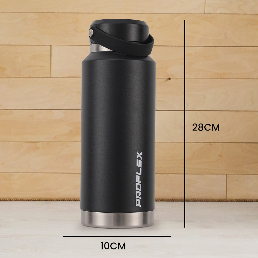 Proflex 1L Double Wall Insulated Stainless Steel Water Bottle, Drink Jug with Handle, Black Awezingly