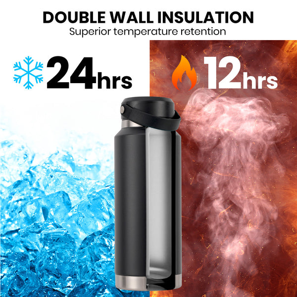 Proflex 1L Double Wall Insulated Stainless Steel Water Bottle, Drink Jug with Handle, Black Awezingly