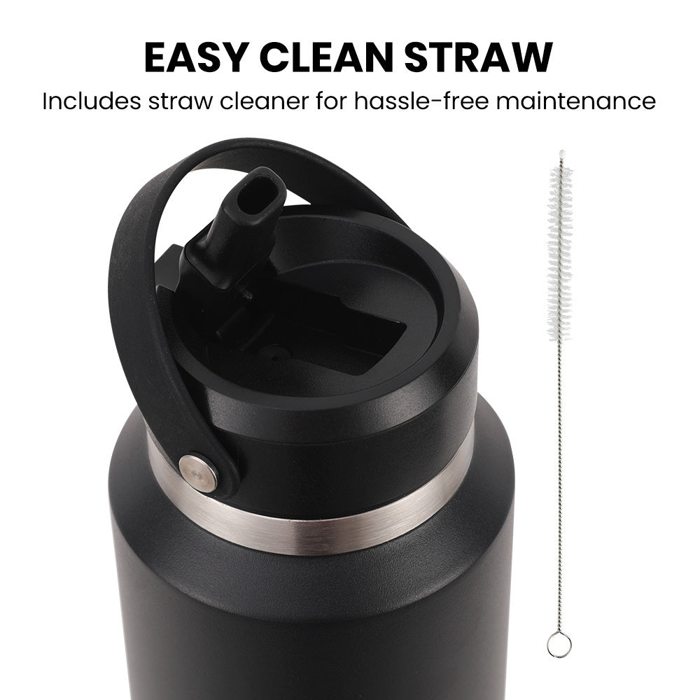 Proflex 1L Double Wall Insulated Stainless Steel Water Bottle, Drink Jug with Handle, Black Awezingly