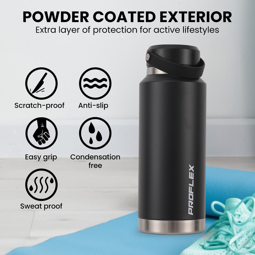 Proflex 1L Double Wall Insulated Stainless Steel Water Bottle, Drink Jug with Handle, Black Awezingly