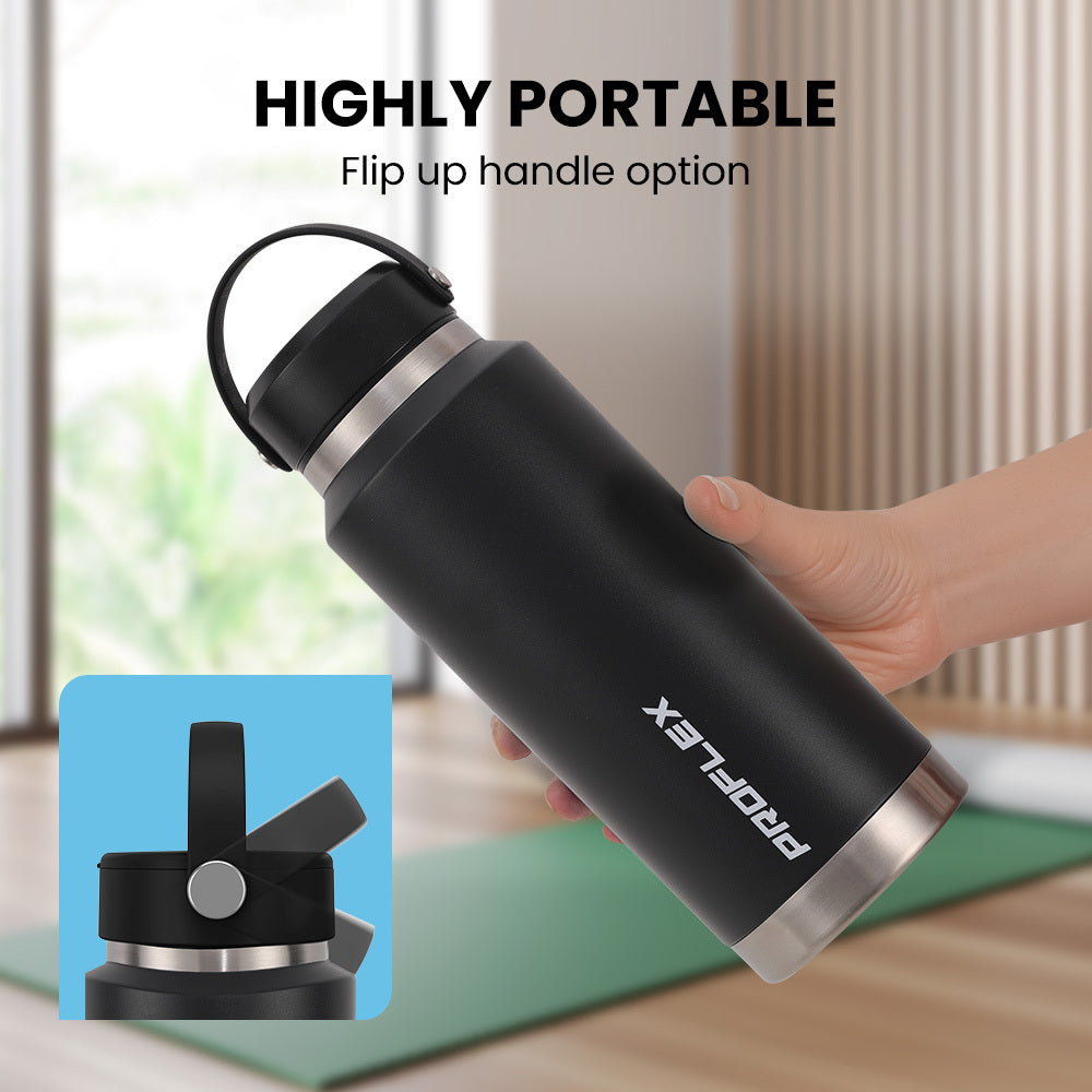 Proflex 1L Double Wall Insulated Stainless Steel Water Bottle, Drink Jug with Handle, Black Awezingly