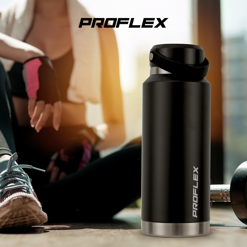 Proflex 1L Double Wall Insulated Stainless Steel Water Bottle, Drink Jug with Handle, Black Awezingly