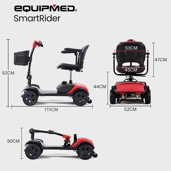 EQUIPMED Electric Mobility Scooter Portable Folding for Elderly Older Adult, SmartRider Black & Red EQUIPMED